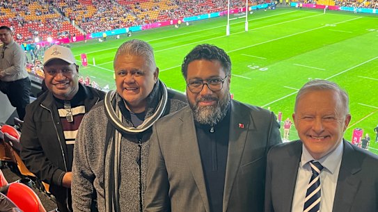 Prime Ministers: The leaders of (from left) Papua New Guinea, James Marape; Samoa, Laaʻauli Leuatea Schmidt; and Tonga, Lord Fakafanua, with Anthony Albanese at Suncorp Stadium. July 8, 2026.