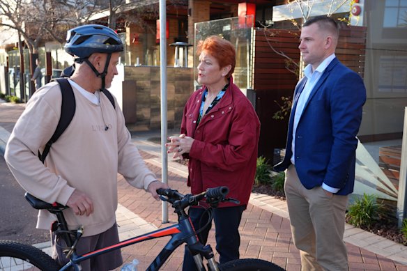One Nation leader Pauline Hanson campaigning with candidate Luke Herdegen in Secret Harbour on Monday.