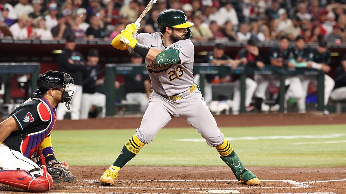 Shea Langeliers of the Athletics bats during the third inning against the Diamondbacks.