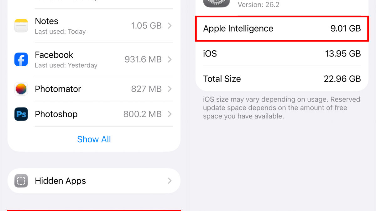 Two iPhone screenshots of the Settings panel showing iOS storage and Apple Intelligence portion of that.