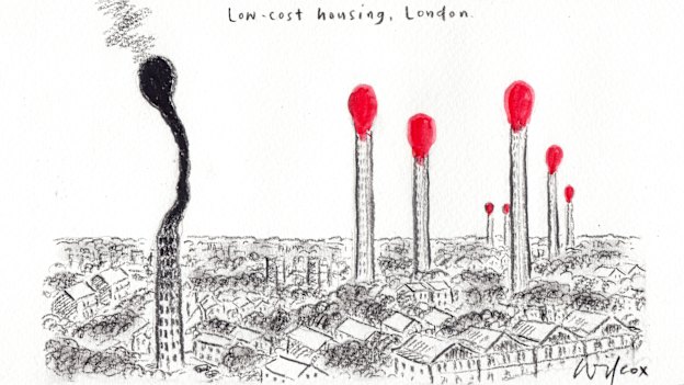 Wilcox’s Walkley Award-winning illustration “Low-cost housing, London” from 2017. The judges said: “Cathy Wilcox has managed a beautifully elegant and graphic solution to illustrate the horrific fire in the Grenfell Tower. Her image has perfect simplicity with minimal content and dramatic use of a single colour, adding a chilling portent of potential future horror. She’s managed to layer several dramatic statements within the context of a single cartoon.”