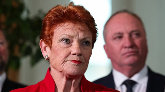 One Nation leader Pauline Hanson and Barnaby Joyce at Parliament House.