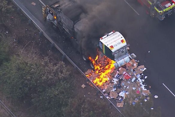 The garbage truck was fully alight on the M5 when crews arrived.
