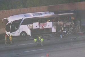 Deadly tour bus fire explodes on California freeway, killing at least 1