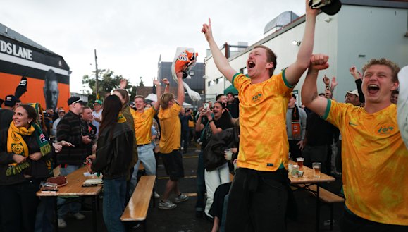 Before the Sackville Hotel in Rozelle was bought by Justin Hemmes, Socceroos fans watch the FIFA World Cup win over Turkey.