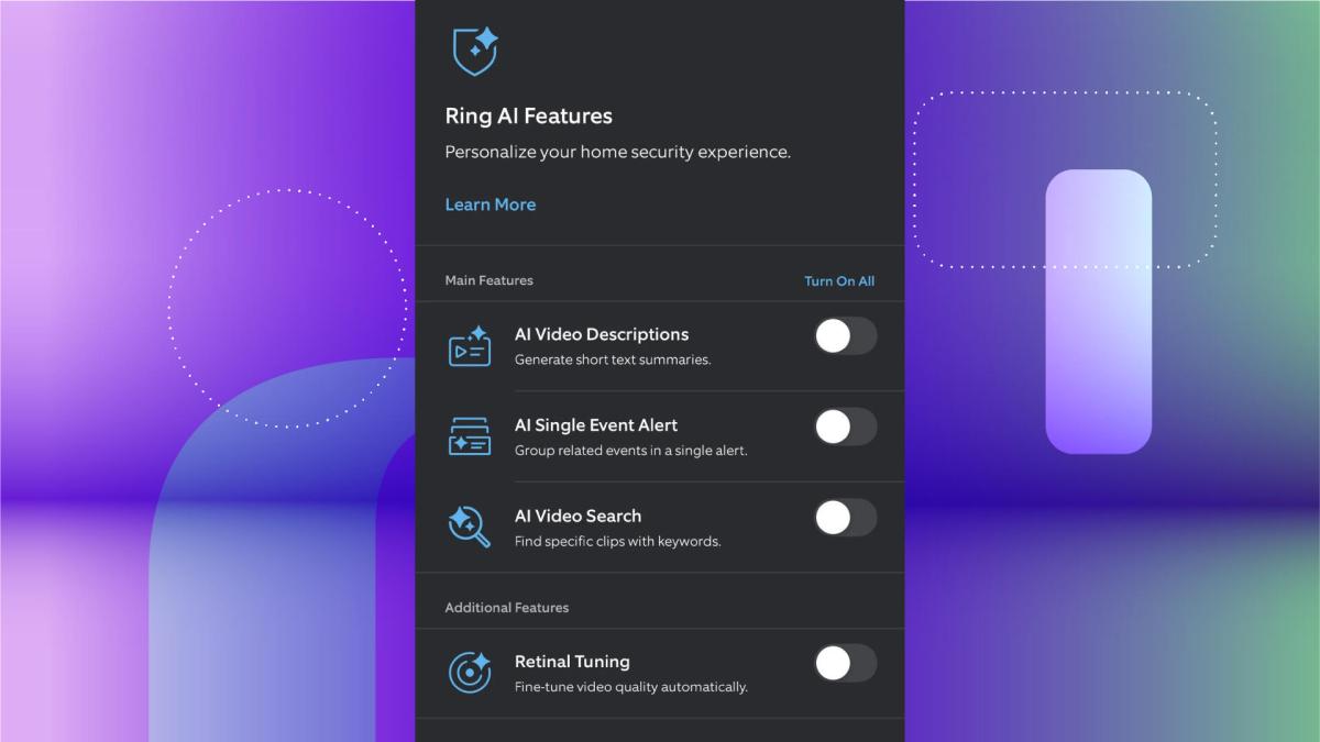 Ring app AI settings showing toggles.