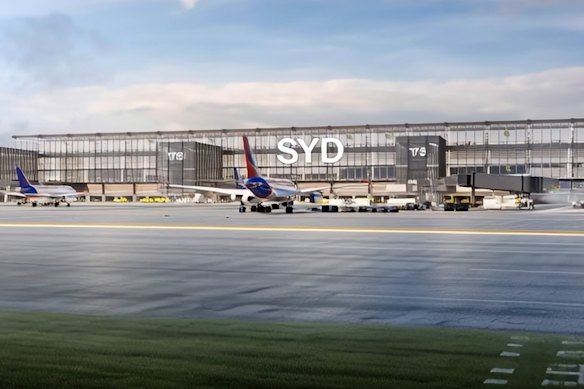 An artist’s image of the proposed new building linking Sydney Airport’s existing T2 and T3 terminals.