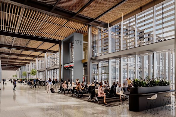 A render of Sydney Airport’s plans to integrate the T2 and T3 domestic terminals.