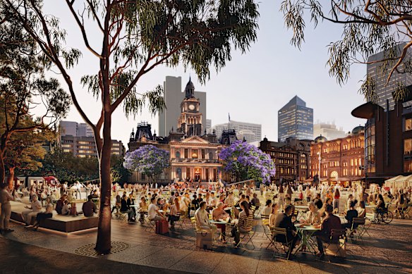 An artist’s impression of the proposed square opposite Sydney’s Town Hall. 