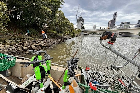 Ocean Crusaders says it has pulled about 150 e-scooters from the Brisbane River just in the shallow banks near the CBD.