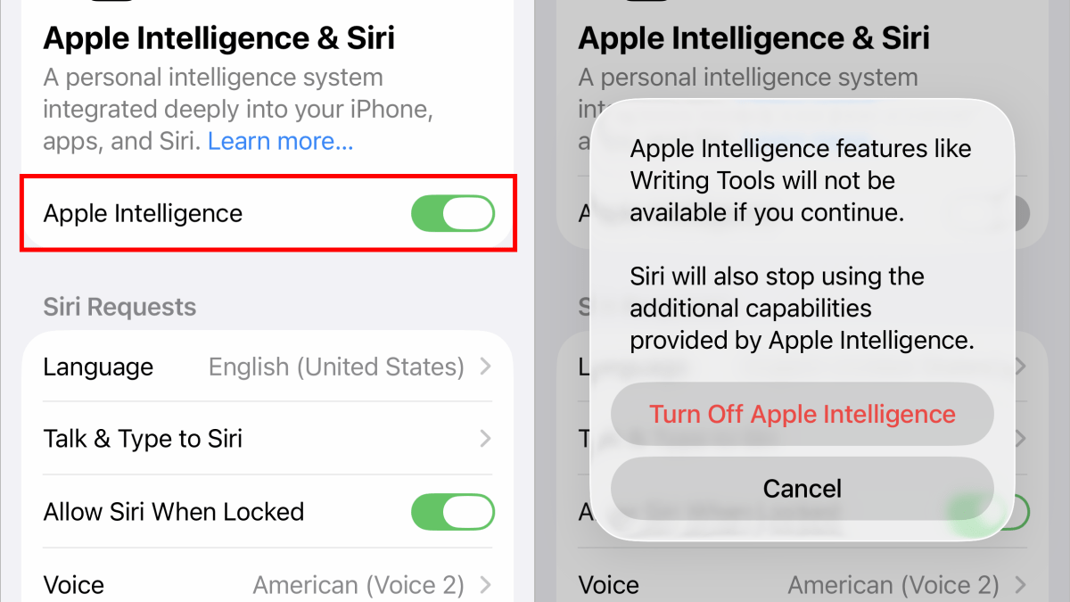 Two iPhone screenshots showing the Apple Intelligence & Siri settings. At left the Apple Intelligence option is highlighted. At right it's turned off with a confirmation dialog visible.