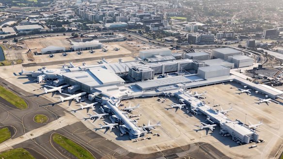 A render of Sydney Airport’s merged domestic terminals and international aircraft gates.