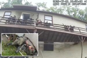 Harrowing video shows US Marshals plunge several feet when deck collapses at home of convicted sex offender