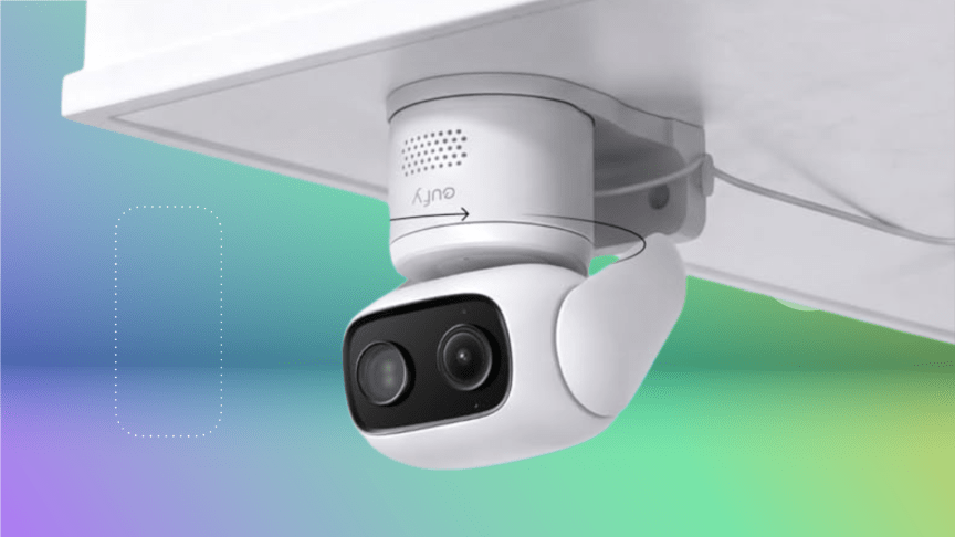 The Eufy C31 security camera is mounted under an overhang, shown on a gradient blue and green background.