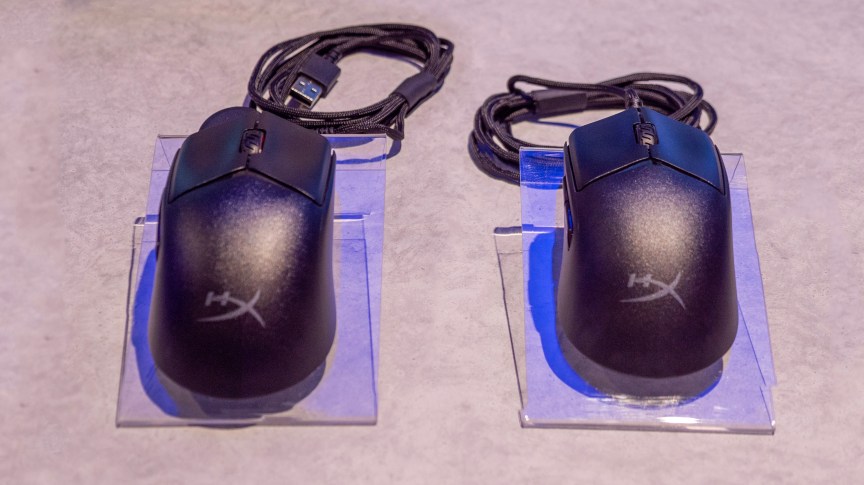 The HyperX Pulsefire Haste 3 wireless and wired mice sit side by side, dongle included.