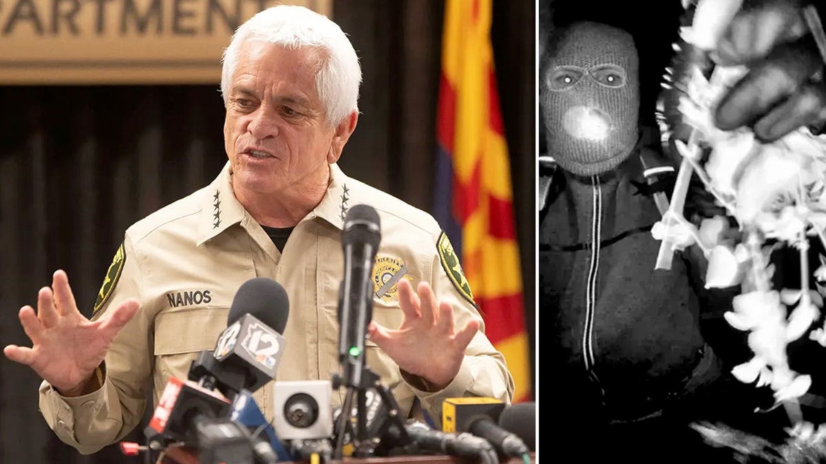 Composite image showing Pima County Sheriff Chris Nanos speaking at a news conference alongside an FBI-released image of a masked individual captured outside Nancy Guthrie's home before her disappearance.