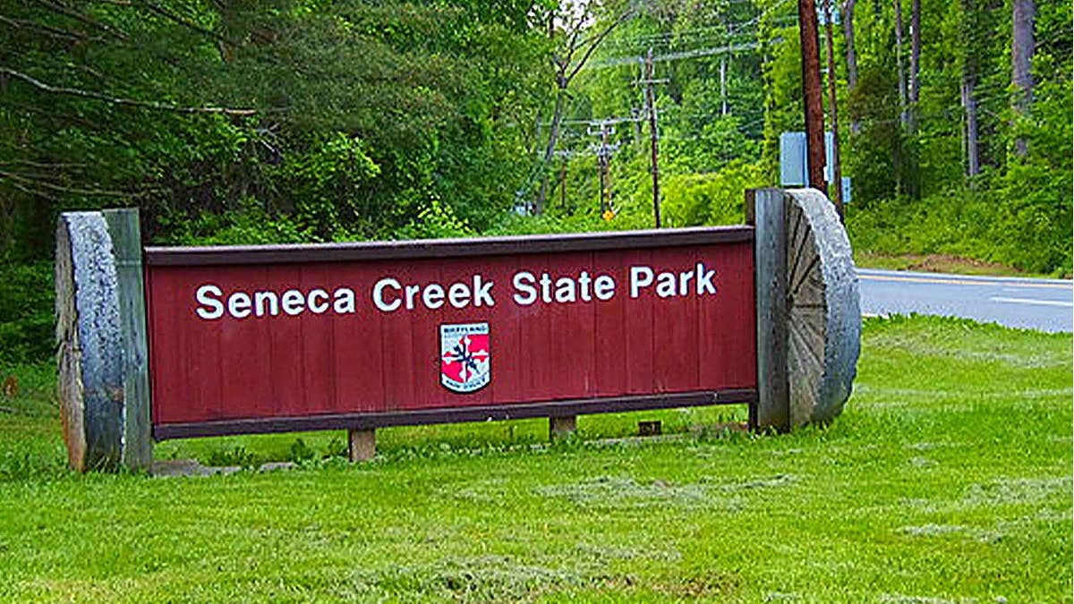 Seneca Creek State Park entrance sign in Maryland, where a 10-year-old girl was bitten by a beaver