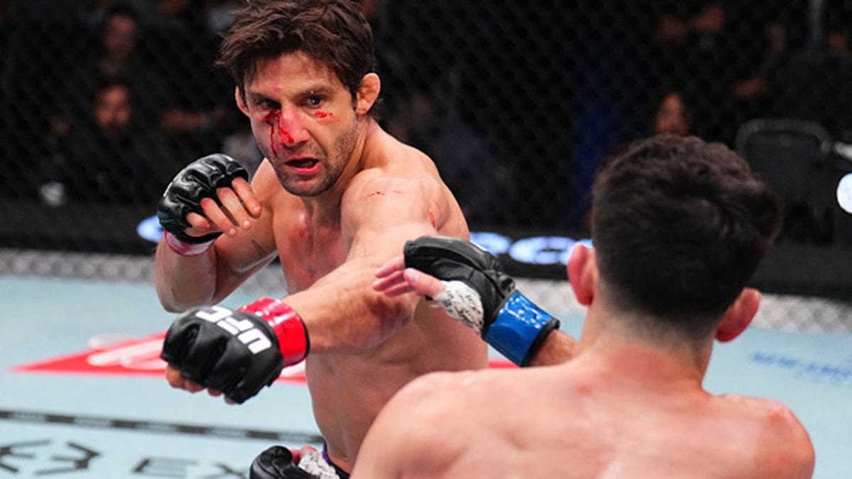 LAS VEGAS, NEVADA - JUNE 20: (L-R) Allan Nascimento of Brazil punchesMitch Raposo in a flyweight fight during the UFC Fight Night event at Meta APEX on June 20, 2026 in Las Vegas, Nevada. (Photo by Chris Unger/Zuffa LLC)