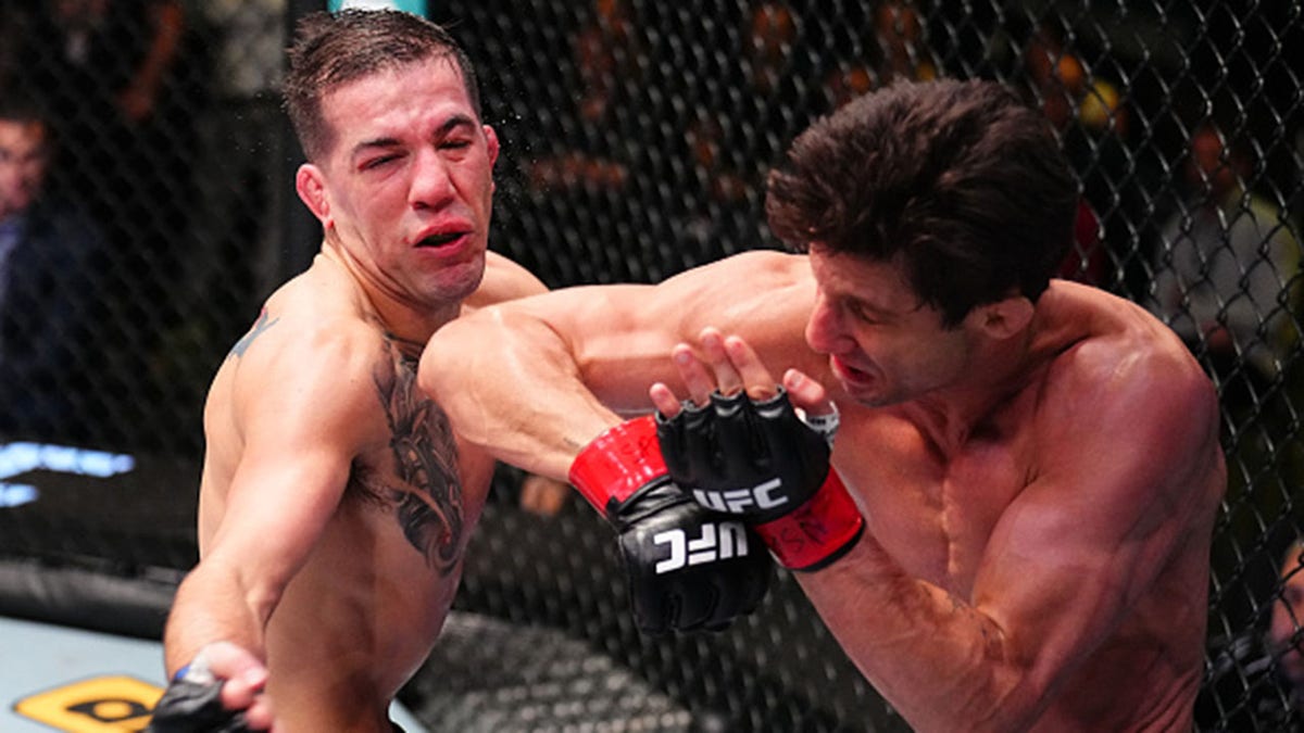 LAS VEGAS, NEVADA - NOVEMBER 01: (R-L) Allan Nascimento of Brazil elbows Cody Durden in a 130-pound catchweight fight during the UFC Fight Night event at UFC APEX on November 01, 2025 in Las Vegas, Nevada. (Photo by Chris Unger/Zuffa LLC)