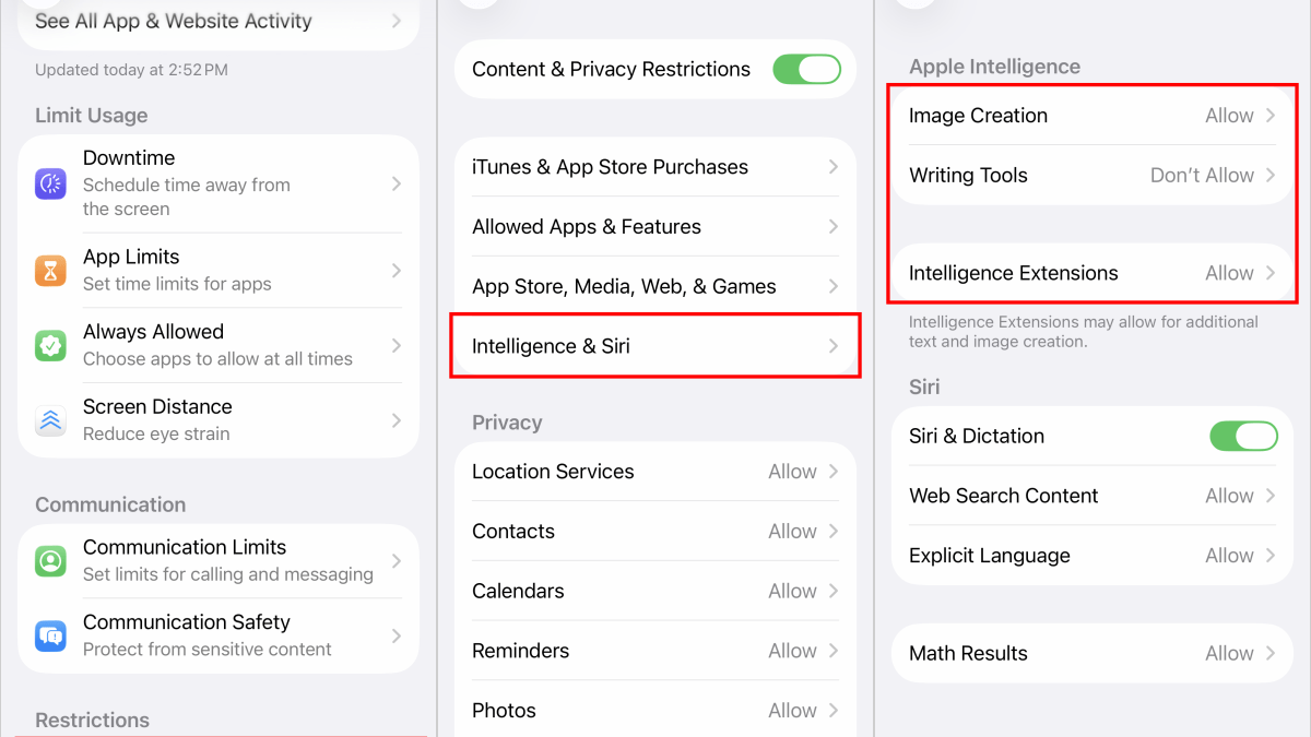 iOS 18 Screen Time settings for turning off Apple Intelligence features.