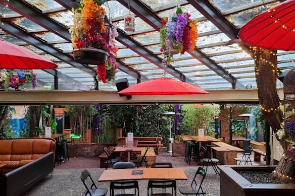The outdoor seating area at The Fitzroy Beer Garden, which is partially located on two public laneways. 