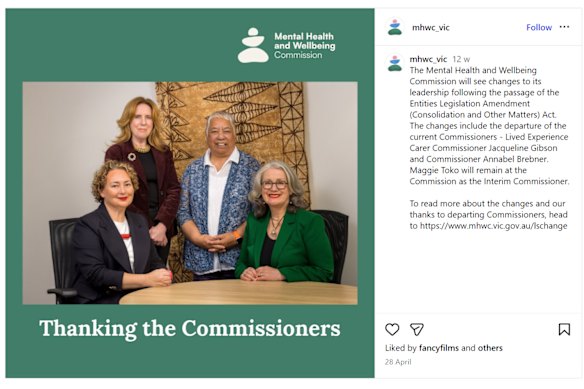 An Instagram post from the Mental Health and Wellbeing Commission on April 28, 2026 - the day an act of parliament eliminated the role of the commissioners, and the day the Department of Health provided new information to allow for the redrafting of their independent evaluation of the government’s mental health system overhauls.