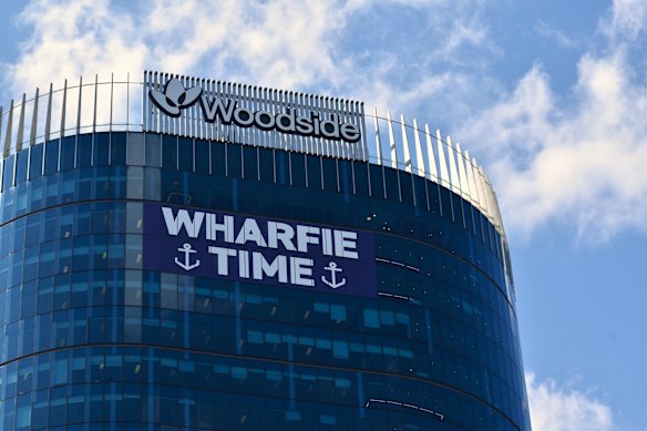 The banner hanging from the Woodside building is visible from the Kwinana Freeway northbound. 