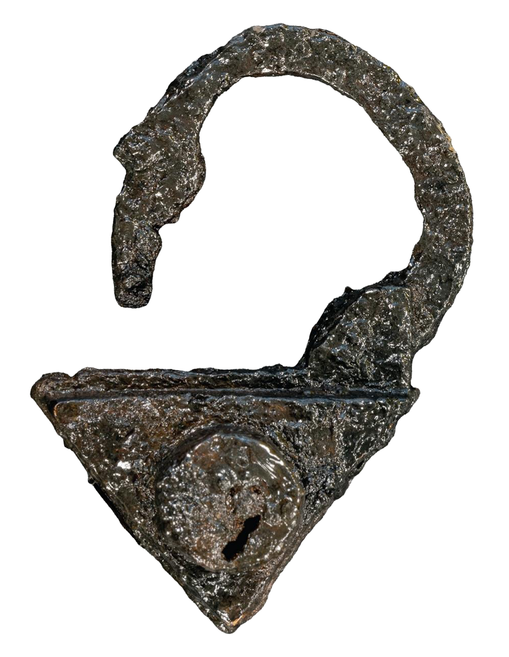 a photo of an ancient triangular padlock