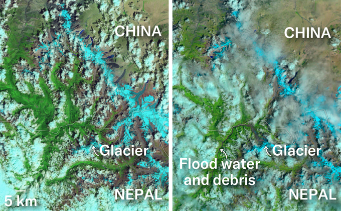 Satellite images show the mountain landscape in Nepal where the rock-ice avalanche and debris flow occurred.