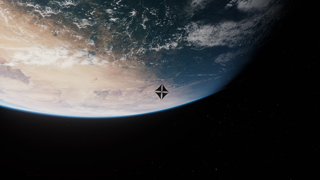 A photo illustration of a satellite orbiting the Earth.