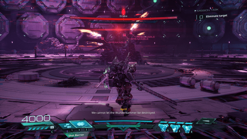 An in-game screenshot showing a robot in the middle (controlled by the player) striding to fight a dragon with flaming wings.