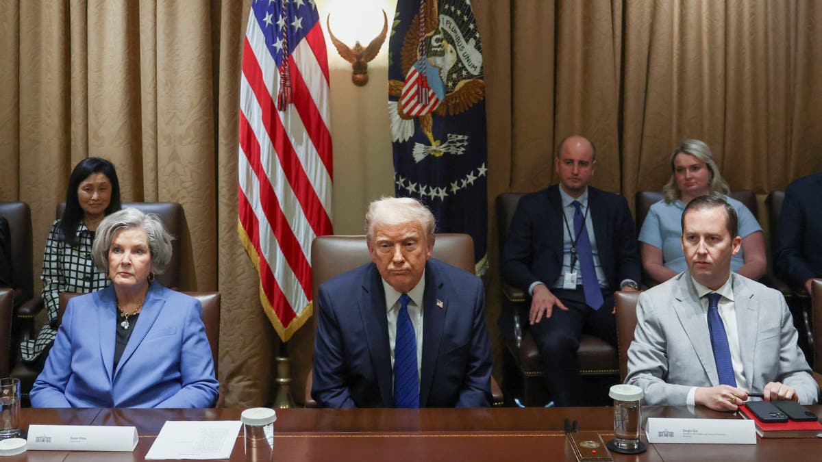 U.S. President Donald Trump reacts as Director Presidential Personnel Office Sergio Gor and White House Chief of Staff Susie Wiles sit next to him on the day of a meeting with U.S. ambassadors at the White House in Washington, D.C., U.S., March 25, 2025. REUTERS/Evelyn Hockstein