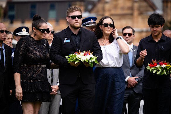 Constable Mia Lay’s partner Daniel Vasquez and her mother Tamara at Tuesday’s service.