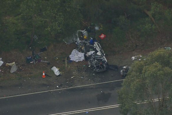 The remnants of a car involved in the collision.