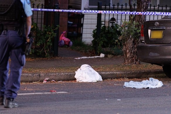 Police comb through the driveway and its surrounds on Tuesday evening.