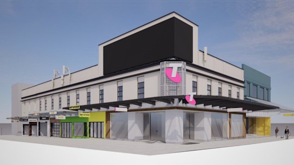 An artist impressing on the plans for the Telstra building at 136 Queen Street in Queen Street Mall. 