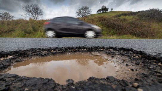 Road hazard: pothole near Wodonga.