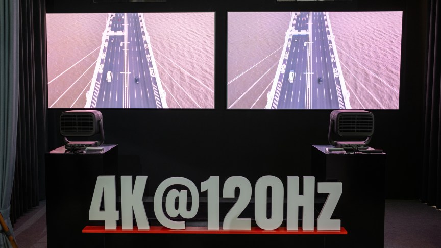 The JMGO Iris Ultra Max running at 120Hz next to the previous generation running at 60Hz at IFA 2026.