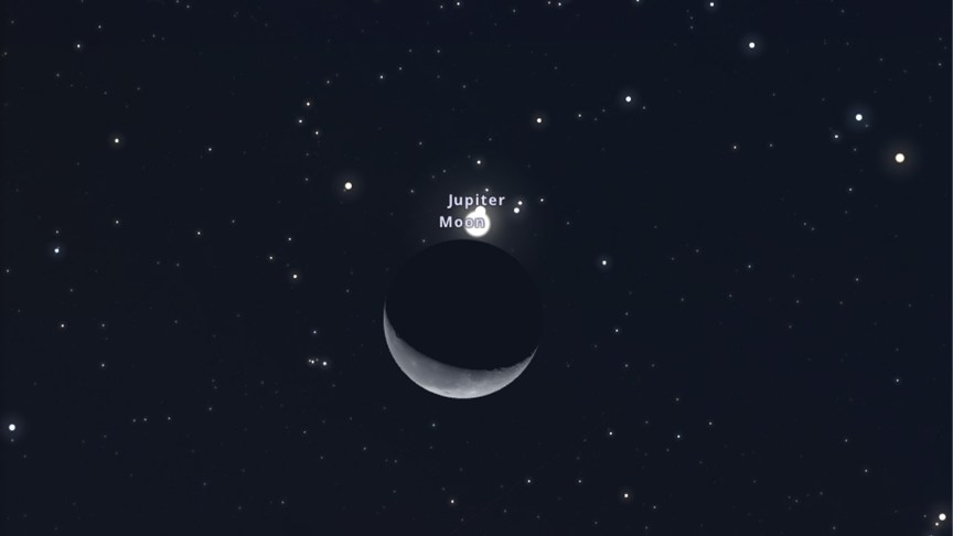 A graphic showing the moon and Jupiter very close together.
