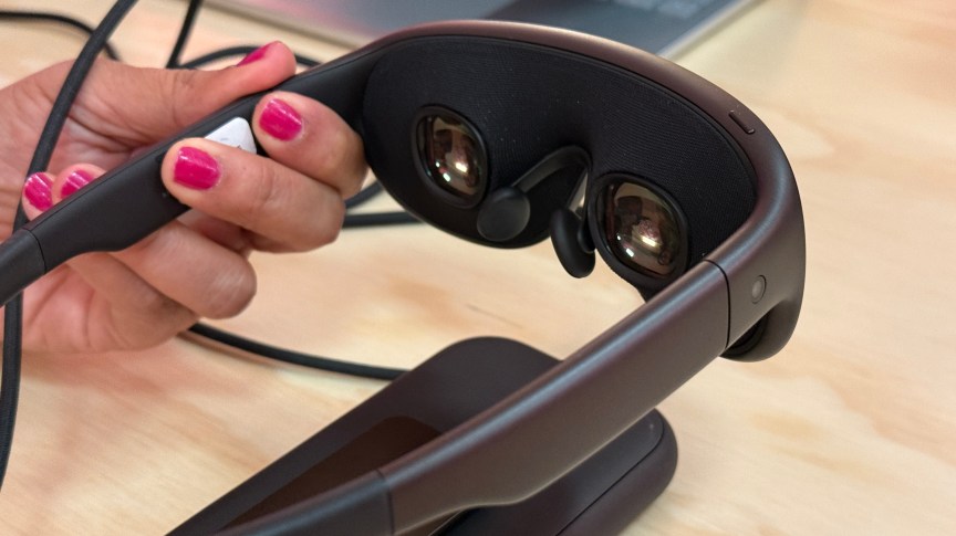 A side view of the lenses on a compact VR glasses-like headset made by Meta