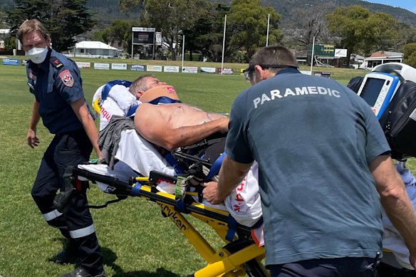 Heggen being flown to the Alfred Hospital the day of the accident.
