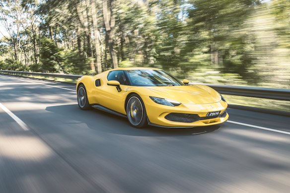A Ferrari 296 GTB in full flight. A car of the same make and model owned by a Filippini family member was allegedly purchased using Chiodo Corporation money. 
