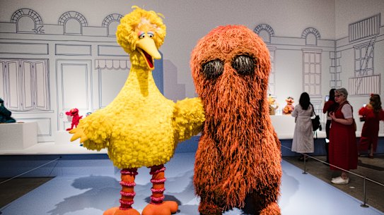 Big Bird and Mr. Snuffleupagus from Jim Henson’s Sesame Street at QAGOMA’s new exhibition.