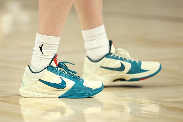The Nike sneakers worn by Caitlin Clark of the Indiana Fever during their game against the Golden State Valkyries in San Francisco in May.