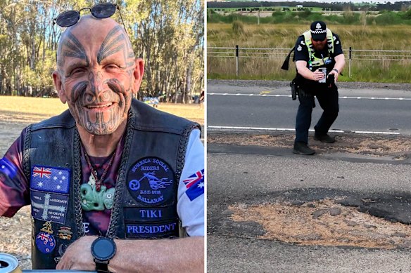 Peter Mason, and a police officer at a pothole near where he crashed.