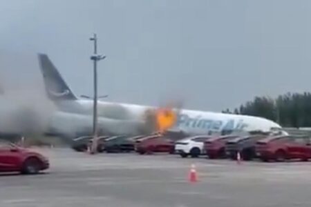 Flames shoot from Amazon cargo plane in dramatic video — as witnesses feared an explosion