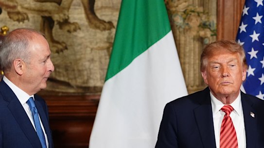 Ireland’s Prime Minister Micheál Martin, left, and US President Donald Trump during a meeting at Farmleigh House in Dublin on Saturday (Irish time).