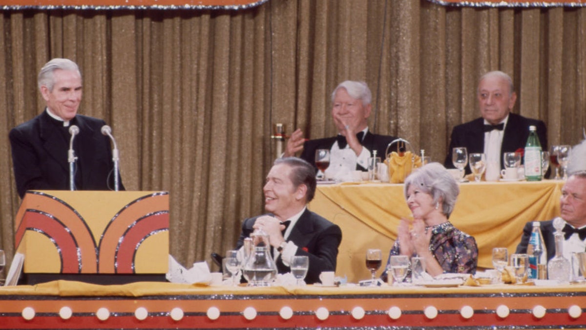 Bishop Fulton J Sheen, Milton Berle, Frank Sintra appearing on the ABC tv special 'A Show Business Salute to Milton Berle' in 1973.