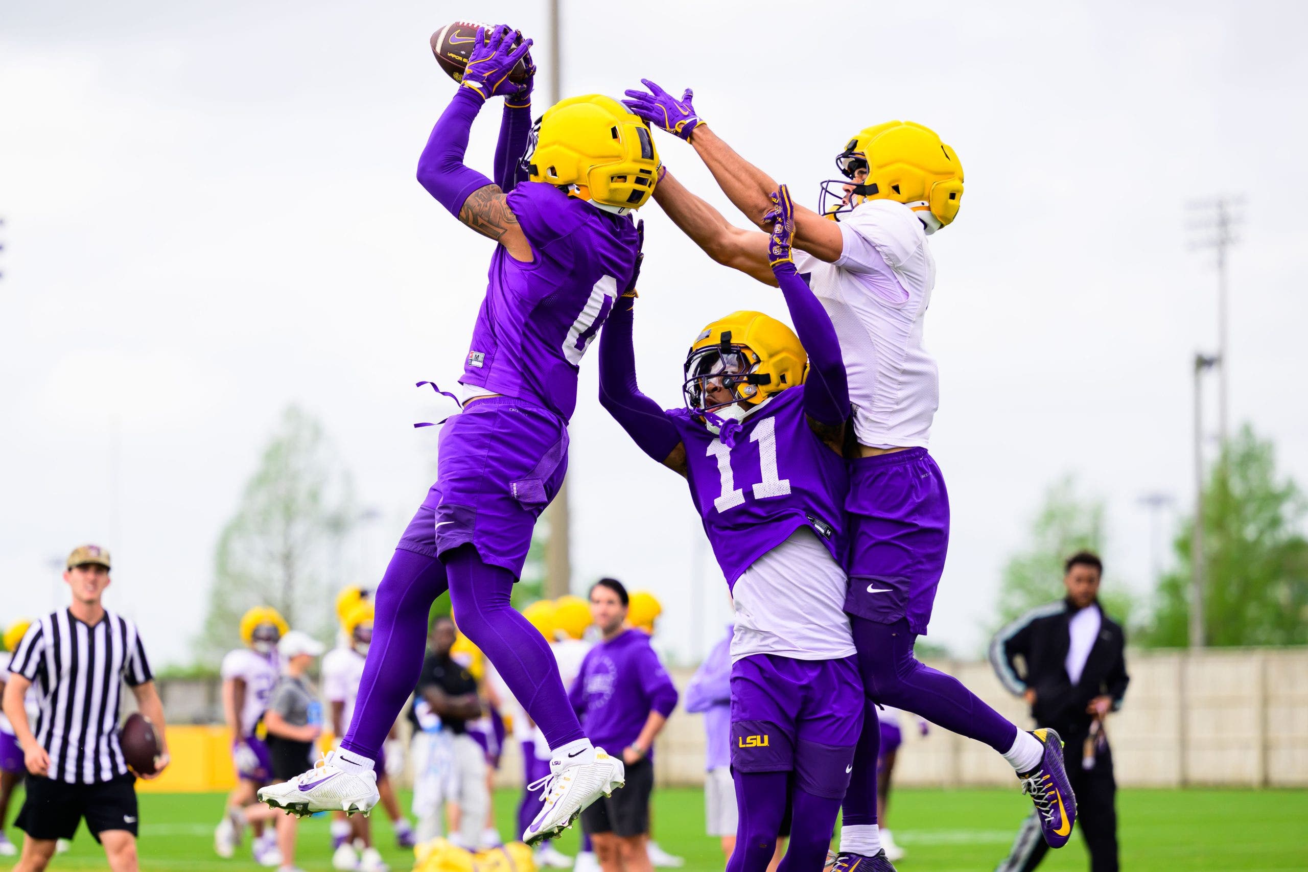 Tamarcus Cooley intercepts the ball during 2026 spring practice in Baton Rouge. (Photo by Ella Hall/University Images via Getty Images}