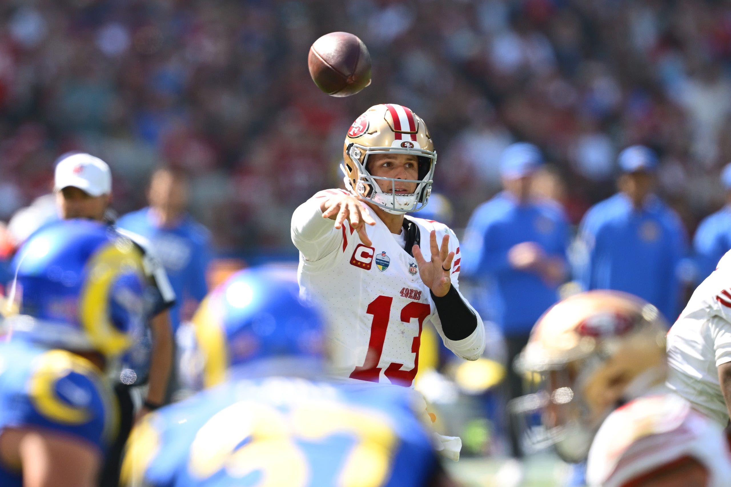 Brock Purdy settled in and led an efficient 49ers offense against the Rams. (Photo by Quinn Rooney/Getty Images)